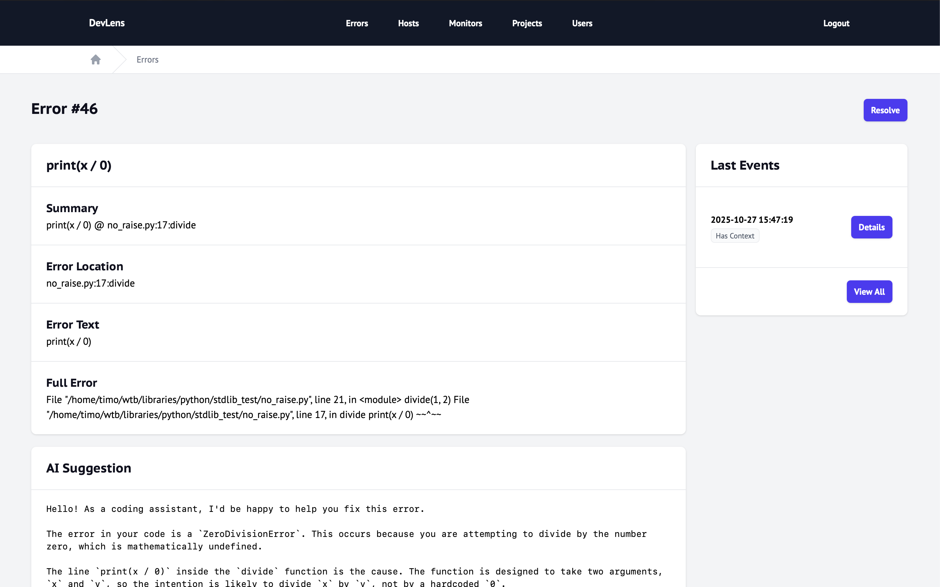 Detailed error report with example insights